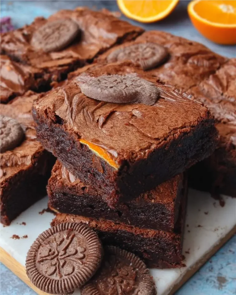 Stack of fudgy Chocolate Orange Brownies topped with chocolate orange cookies and fresh orange slices in background.