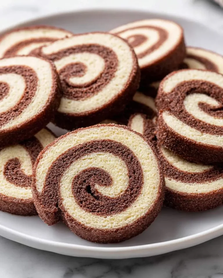 Stack of chocolate pinwheel cookies with vanilla and chocolate swirl patterns on a white plate.