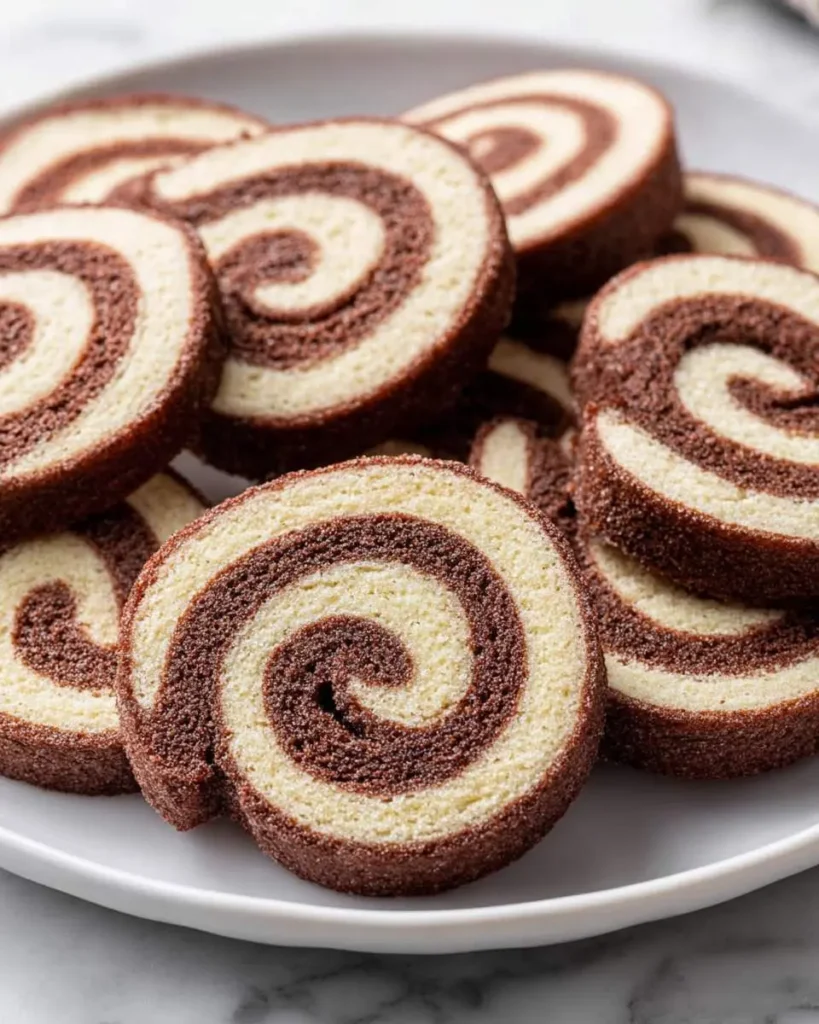 Stack of chocolate pinwheel cookies with vanilla and chocolate swirl patterns on a white plate.