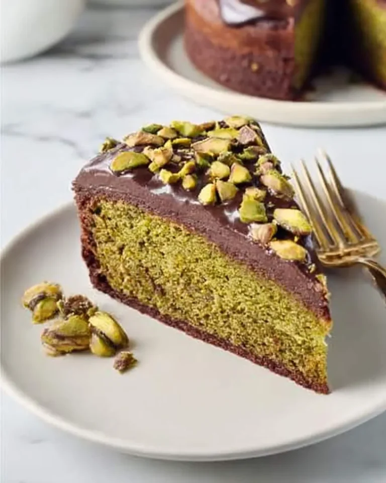 A slice of Chocolate Pistachio Cake with green pistachio sponge, chocolate glaze, and chopped pistachio topping on a white plate.