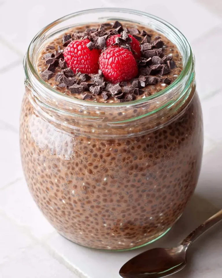 Chocolate protein chia pudding in a glass jar topped with fresh raspberries and dark chocolate chunks.