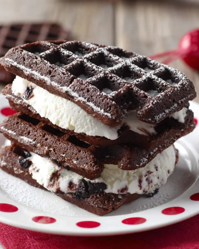 Stacked Chocolate Waffle Ice Cream Sandwiches dusted with powdered sugar on a red polka dot plate.