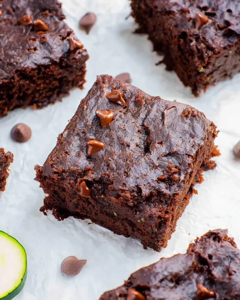 Moist Chocolate Zucchini Brownies topped with melted chocolate chips on white parchment paper.