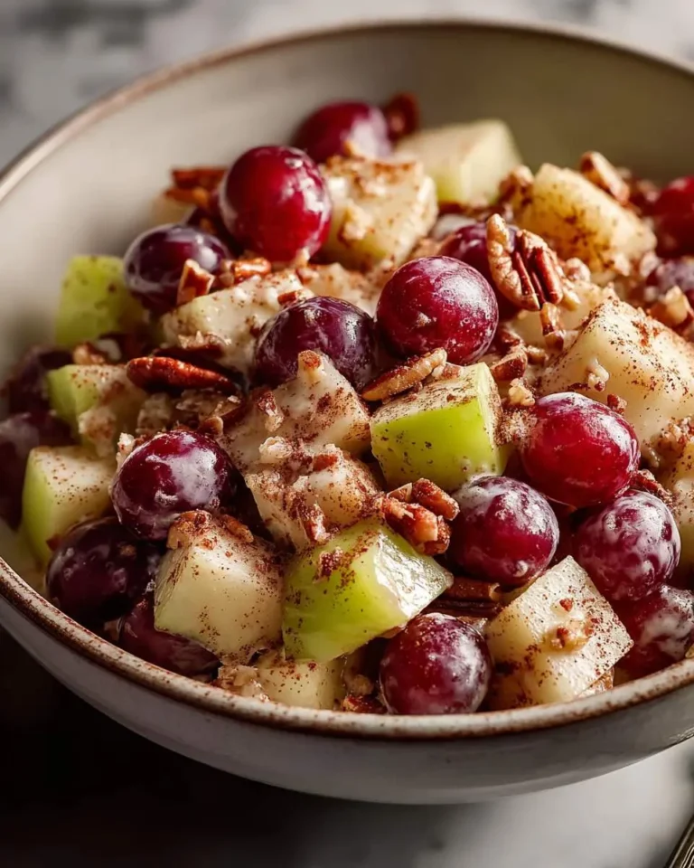 A bowl of Cinnamon Apple Grape Salad with fresh grapes, diced apples, pecans, and a sprinkle of cinnamon.
