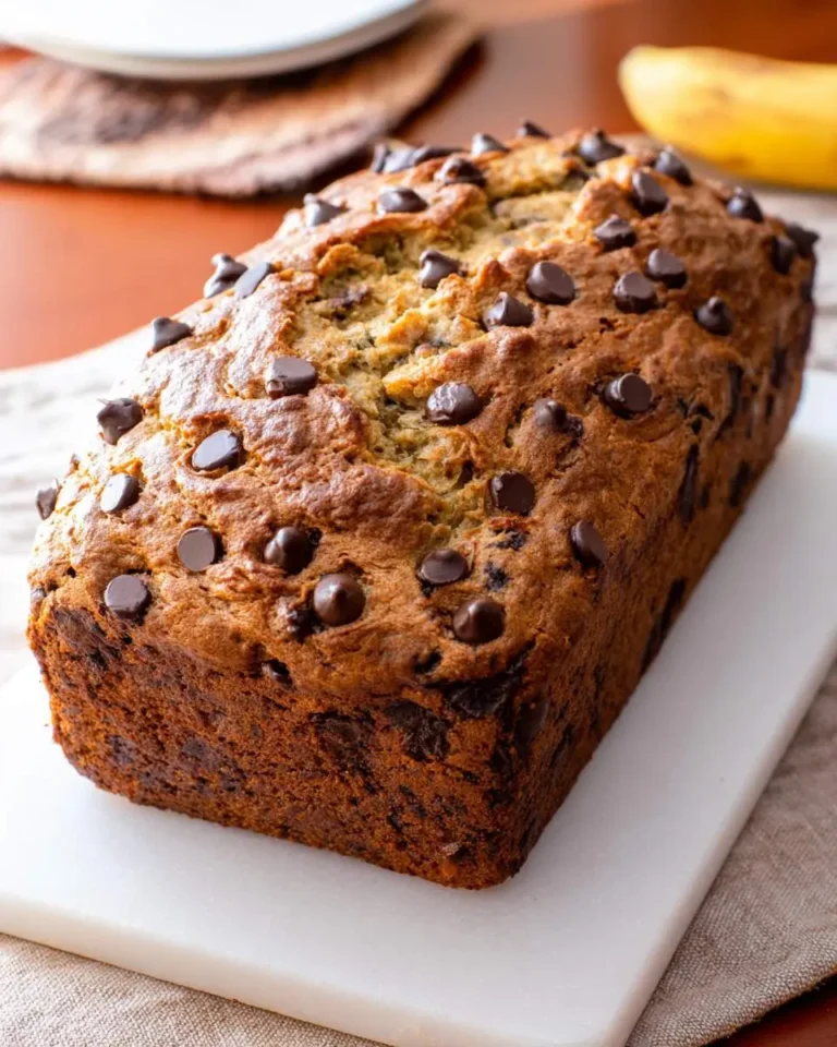 A golden loaf of Coconut Chocolate Chip Banana Bread topped with chocolate chips sits on a white cutting board.