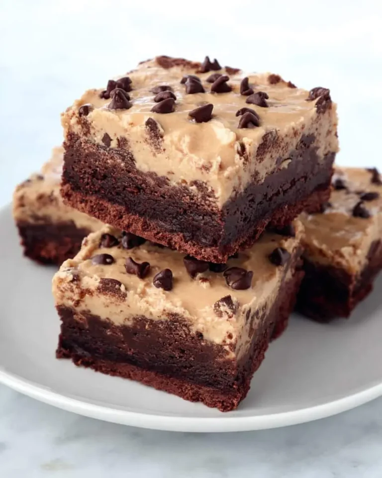 Stack of fudgy Cookie Dough Brownies topped with edible cookie dough frosting and mini chocolate chips.