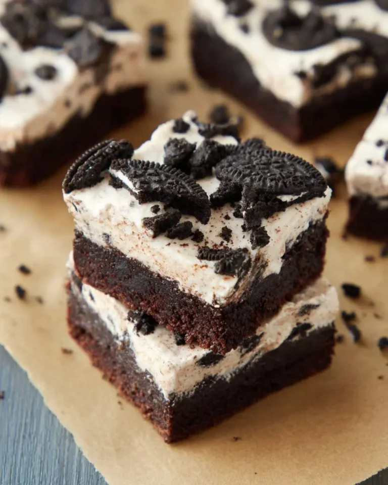 Two stacked Cookies and Cream Brownies topped with frosting and crushed Oreo cookies on parchment paper.