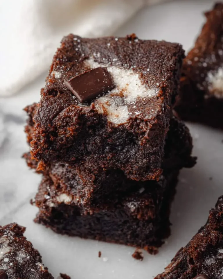 Stack of fudgy cottage cheese brownies topped with chocolate chunks and flaky sea salt.