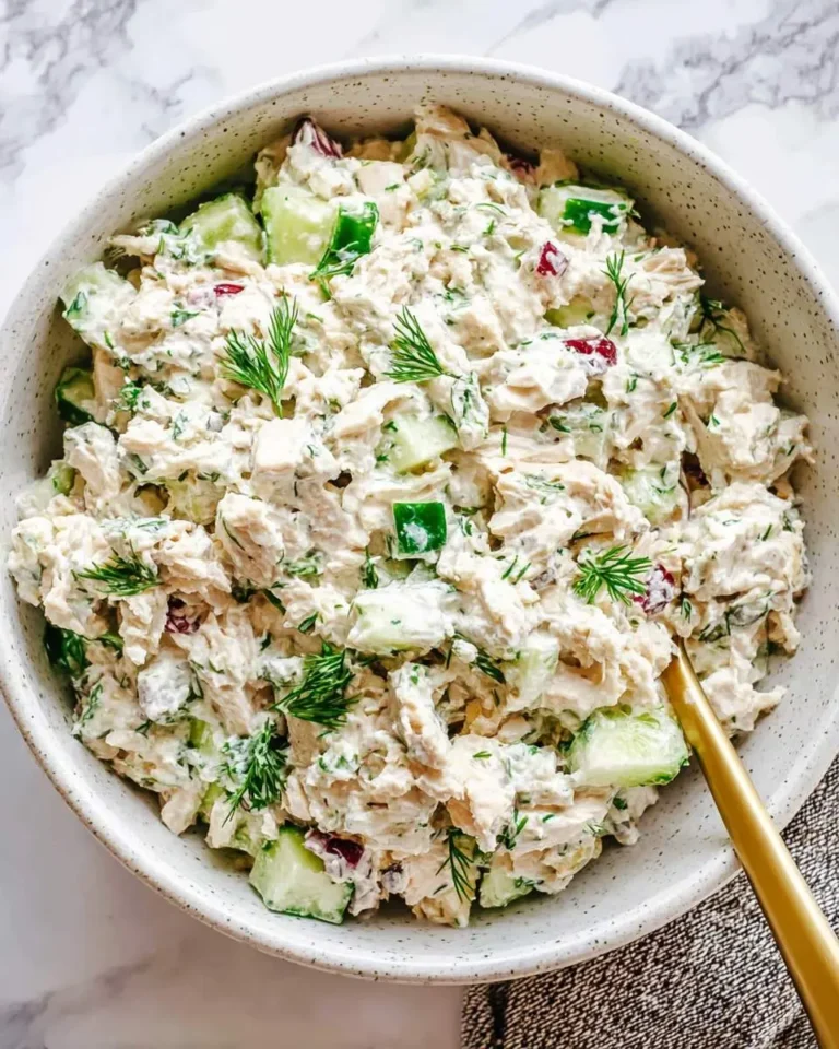 Creamy cottage cheese chicken salad with cucumber, dill, and herbs in a speckled white bowl with a gold spoon.