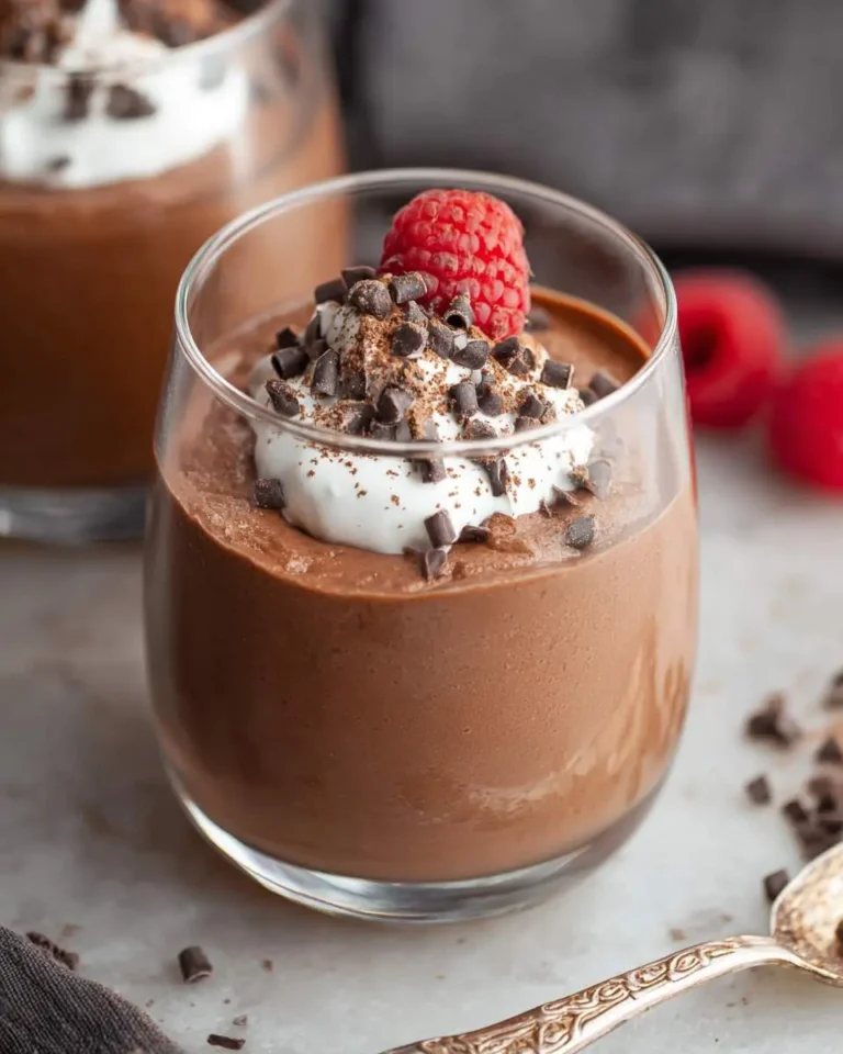 Creamy cottage cheese chocolate mousse topped with whipped cream, chocolate chips, and a fresh raspberry in a glass.