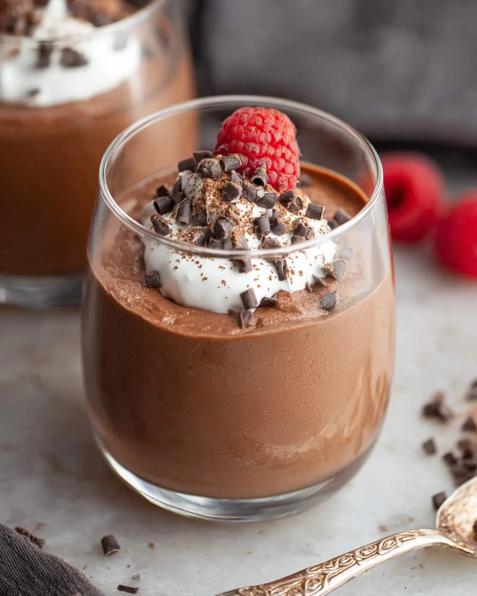 Creamy cottage cheese chocolate mousse topped with whipped cream, chocolate chips, and a fresh raspberry in a glass.