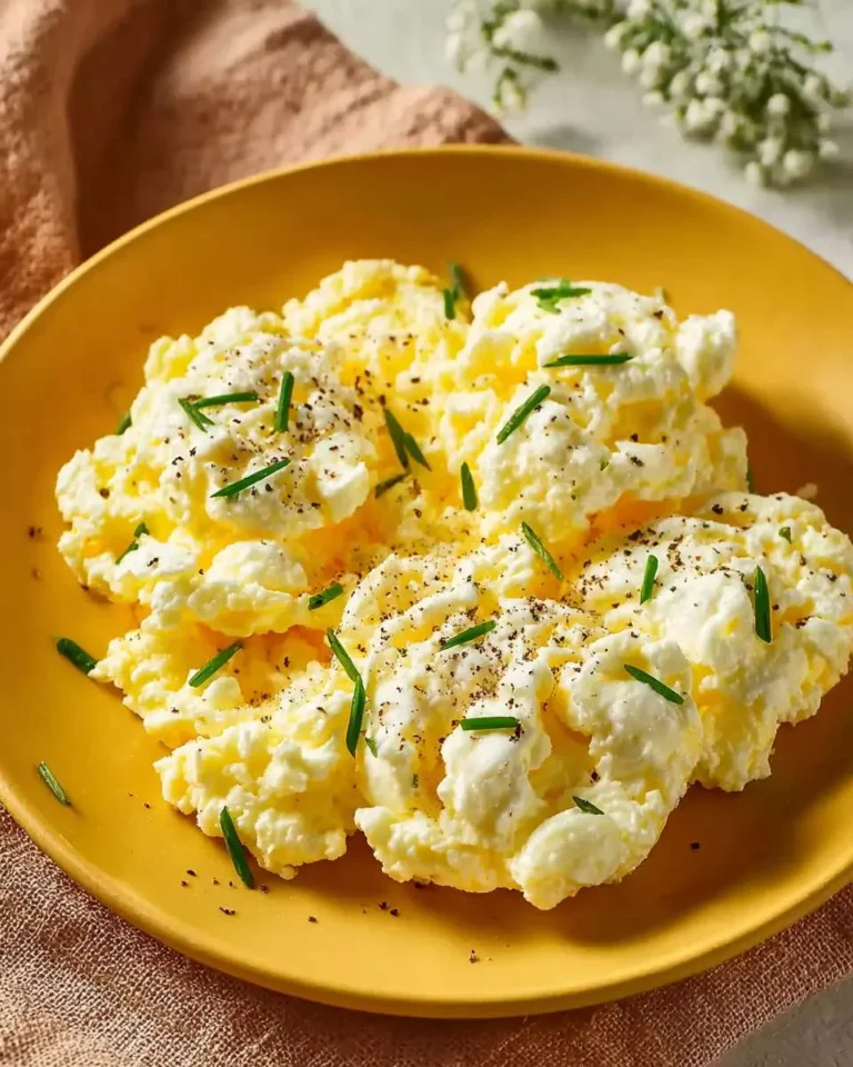Fluffy cottage cheese eggs served on a yellow plate, garnished with fresh chives and black pepper.