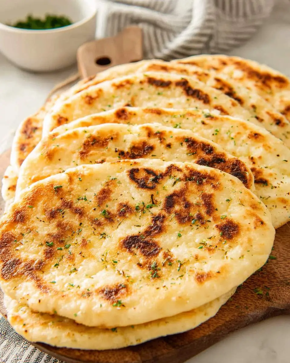 Stack of golden brown Cottage Cheese Flatbread topped with fresh herbs on a wooden board.