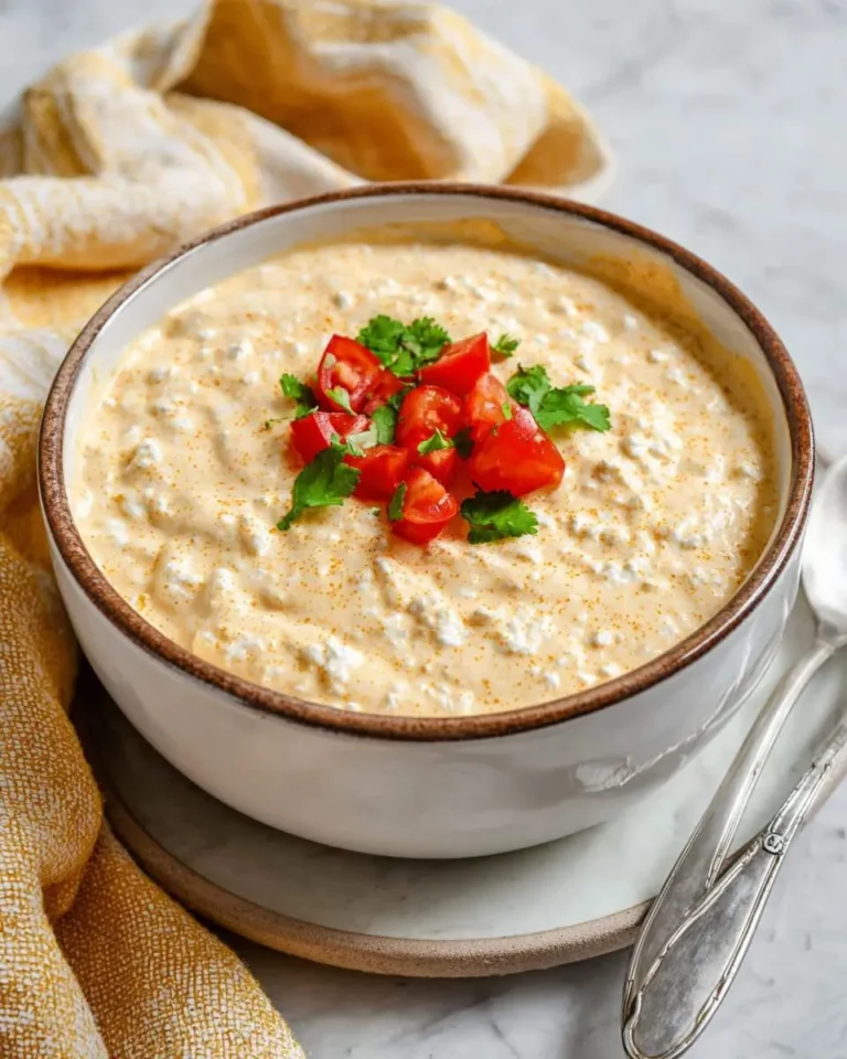 Creamy cottage cheese queso dip topped with fresh diced tomatoes and cilantro in a rustic bowl.