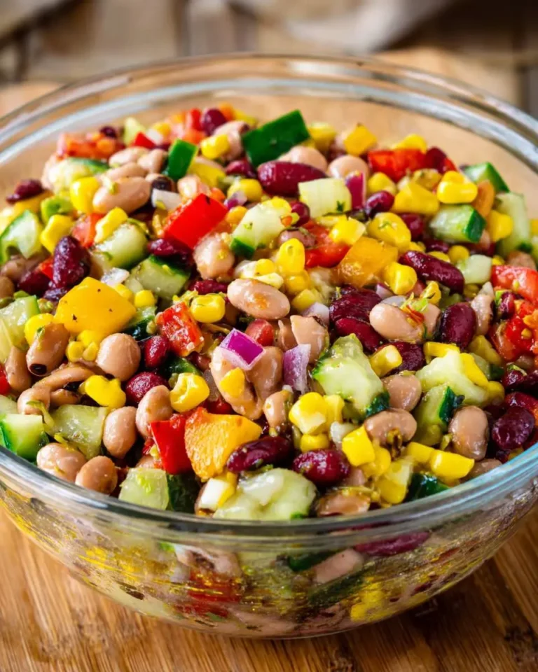 A colorful bowl of Cowboy caviar featuring beans, corn, peppers, and fresh vegetables in a clear glass serving dish.