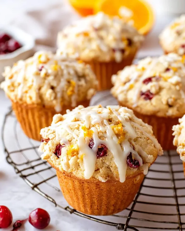 Freshly baked cranberry orange muffins with glaze and zest on a cooling rack.