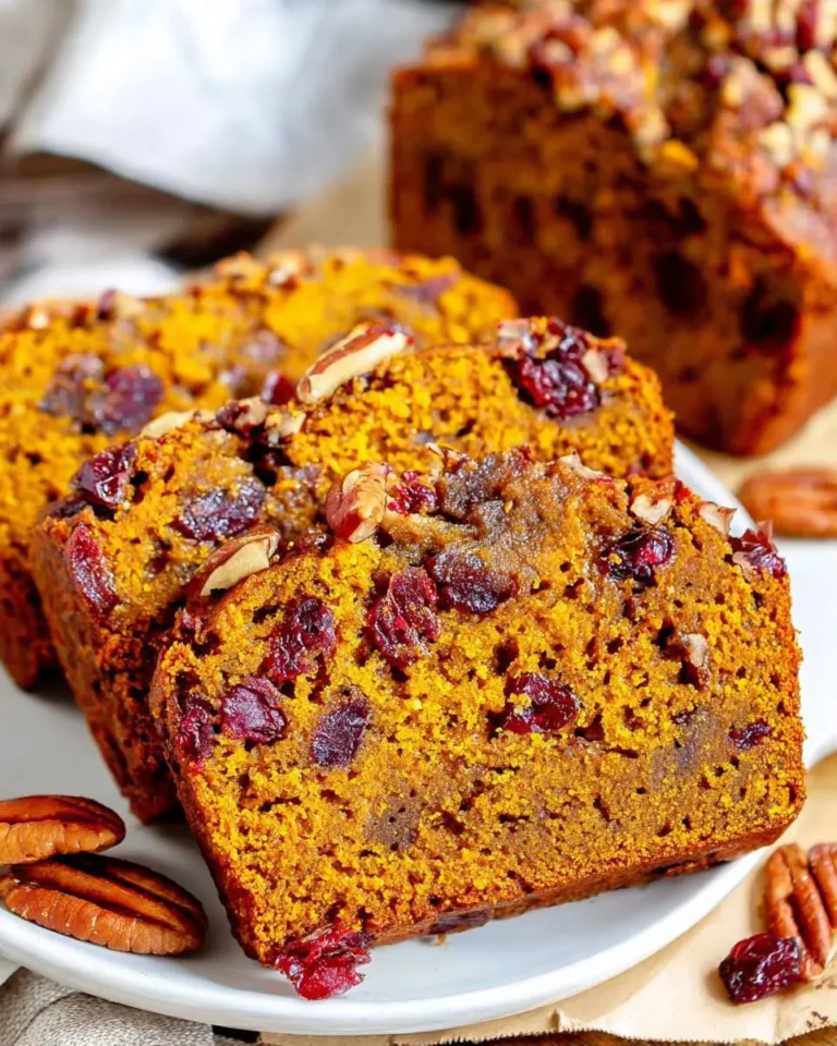 Sliced Cranberry Pecan Pumpkin Bread on a white plate, showing moist orange crumb with dried cranberries and pecan pieces throughout.