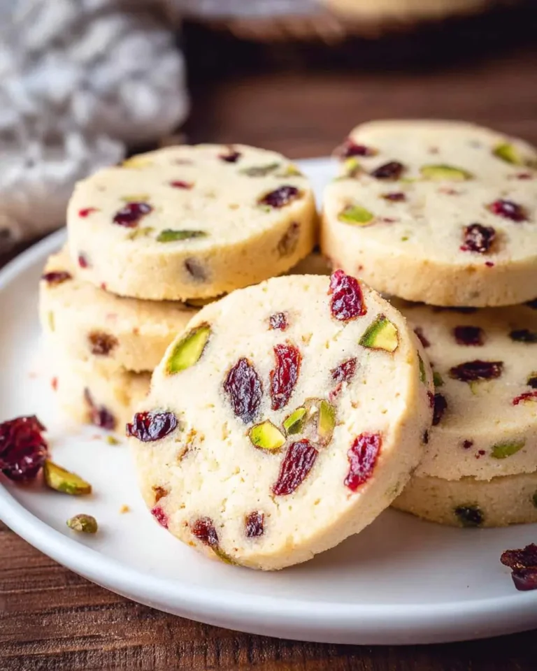 Round Cranberry Pistachio Shortbread cookies stacked on a white plate, showing visible red cranberries and green pistachios.