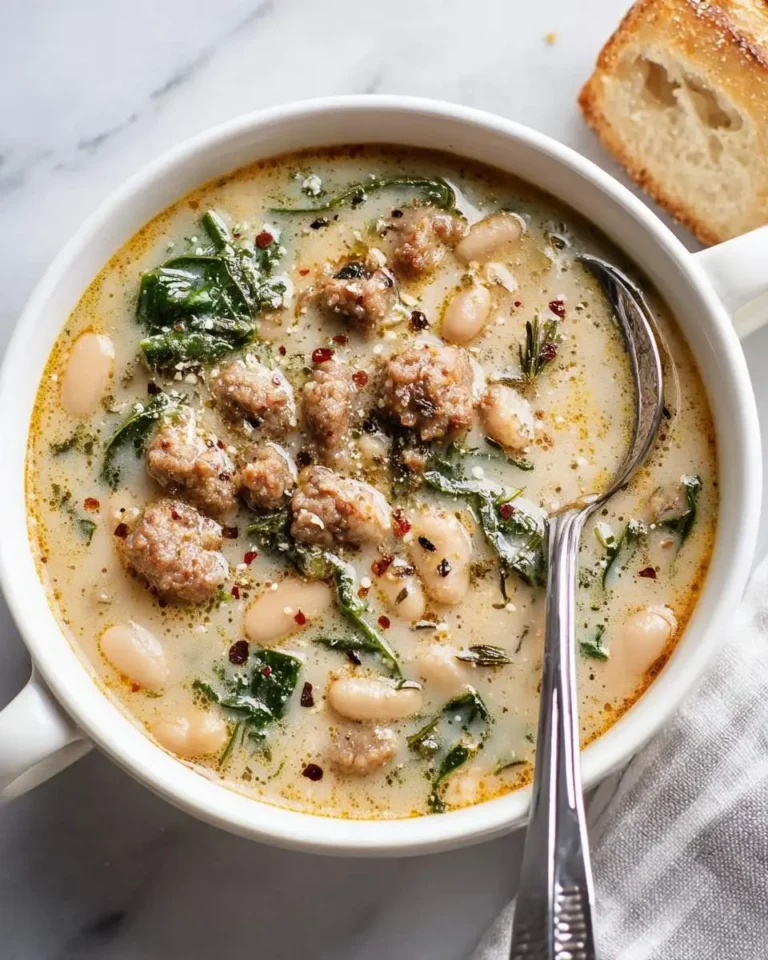 A white bowl filled with creamy bean soup with Italian sausage, white beans, spinach, and red pepper flakes.