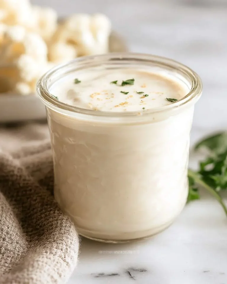 Creamy Cauliflower Sauce in a glass jar garnished with fresh herbs and spices on a marble surface.