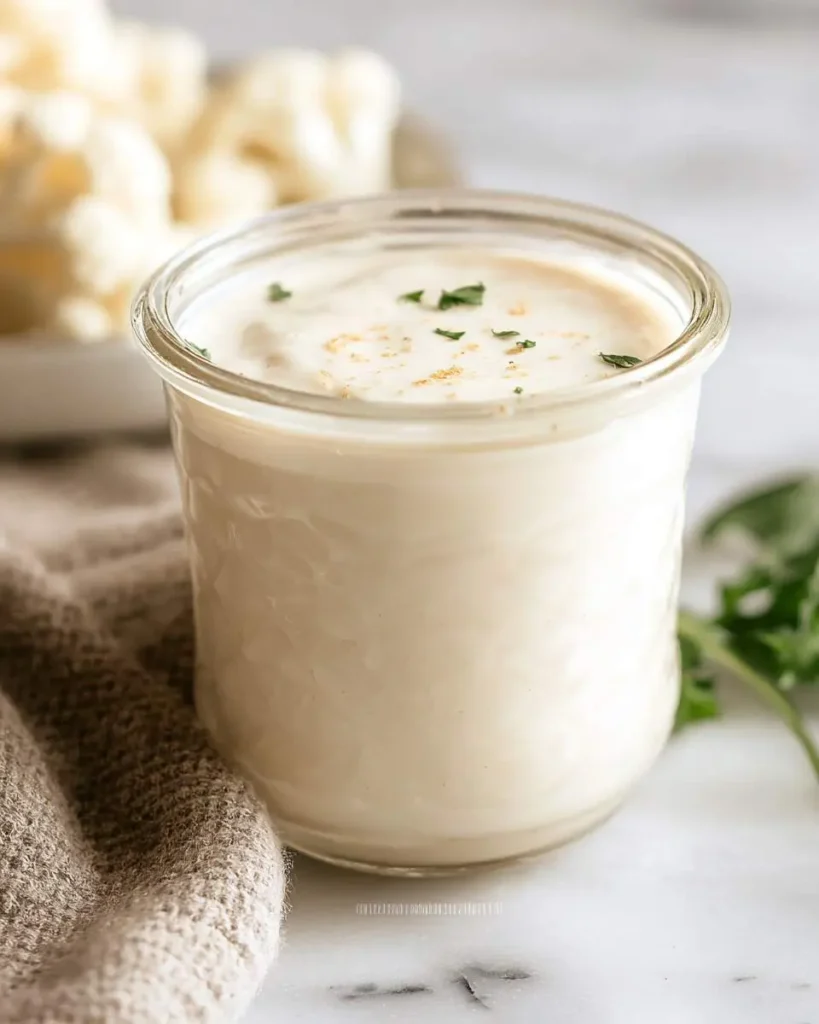 Creamy Cauliflower Sauce in a glass jar garnished with fresh herbs and spices on a marble surface.