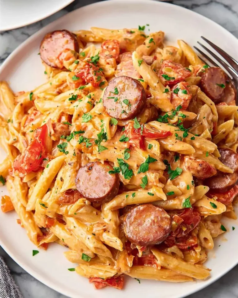 Creamy Kielbasa Smoked Sausage Pasta with penne, sliced sausage, tomatoes, and herbs on a white plate.