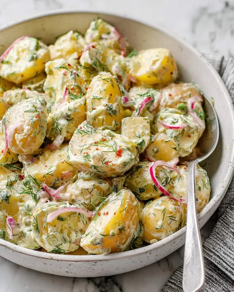 A bowl of creamy potato salad with pickles, fresh dill, and red onion slices in a creamy dressing.