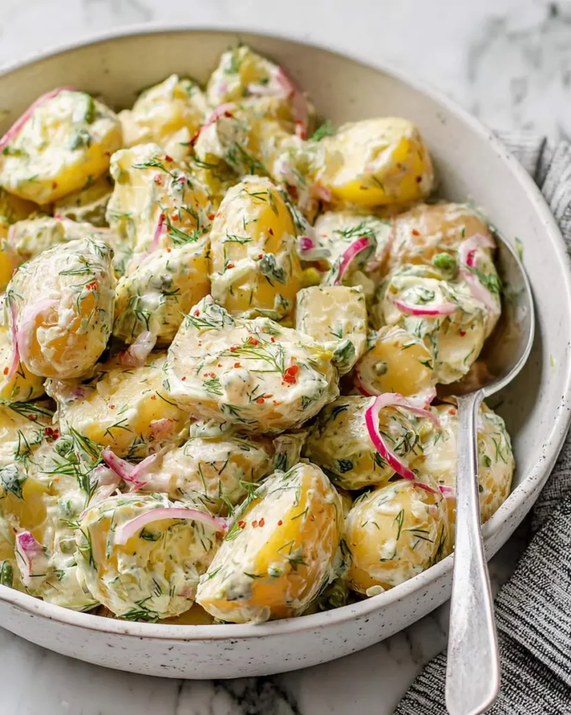 A bowl of creamy potato salad with pickles, fresh dill, and red onion slices in a creamy dressing.