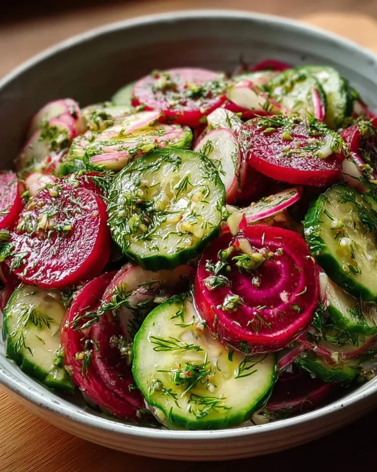 Crisp Cucumber & Beetroot Salad with Herb Dressing in a gray bowl, featuring sliced vegetables topped with fresh dill and herbs.