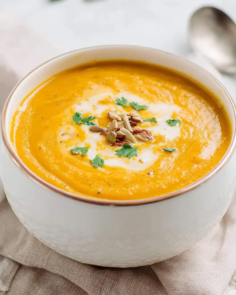 A bowl of creamy crockpot butternut squash soup topped with cream, seeds, and fresh herbs.