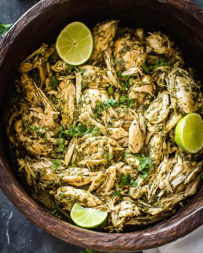 Shredded Crockpot Cilantro Lime Chicken in a wooden bowl with fresh lime wedges and chopped cilantro.