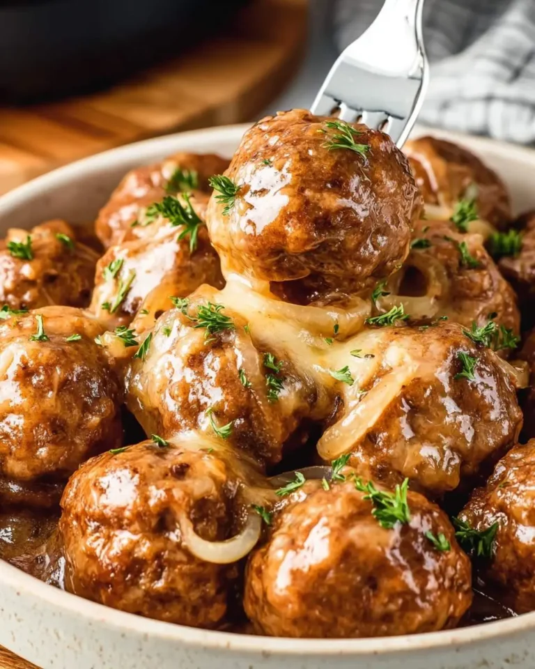 A fork lifts a glazed Crockpot French Onion Meatball from a bowl of cheesy, caramelized onion-covered meatballs garnished with parsley.