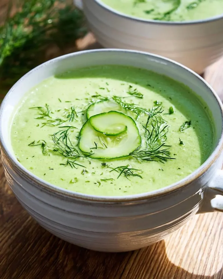 A bowl of creamy Cucumber Avocado Soup garnished with fresh cucumber slices and dill on a wooden surface.