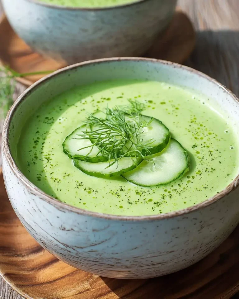 A rustic bowl of creamy Cucumber Avocado Soup garnished with fresh cucumber slices and dill on a wooden surface.