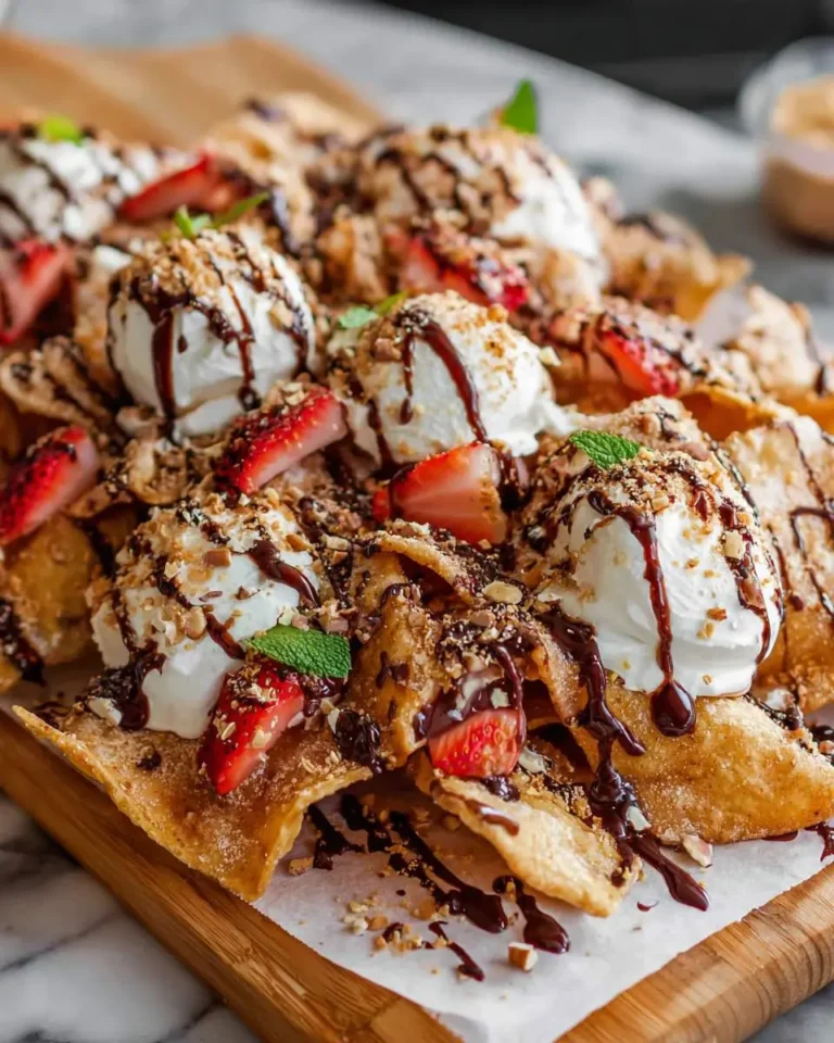 Dessert Nachos topped with ice cream, strawberries, chocolate drizzle, and crushed nuts on a wooden board.