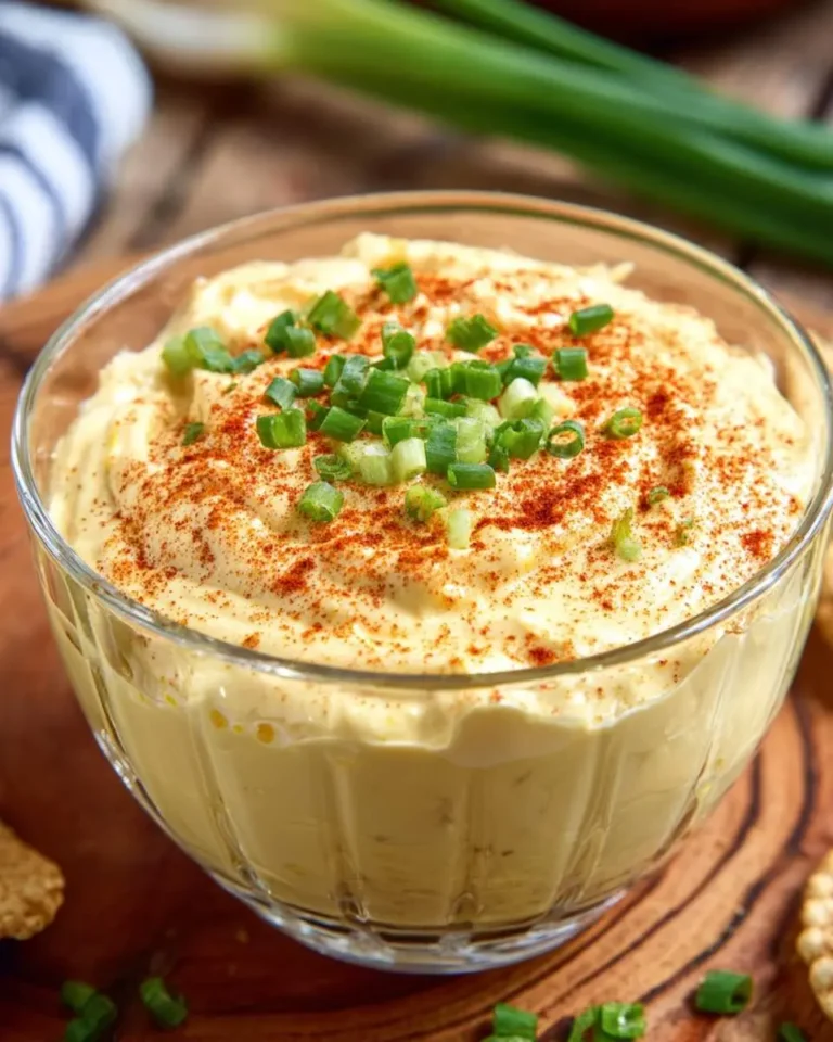 Creamy Deviled Egg Dip in a glass bowl topped with paprika and fresh chives, served on a wooden board.