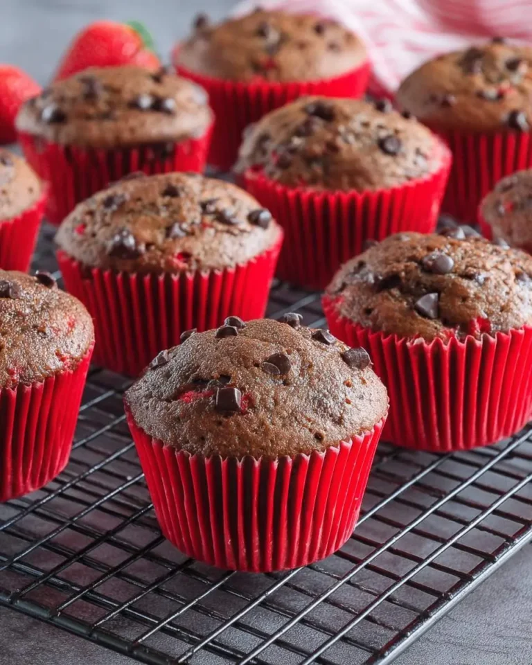 Double Chocolate Strawberry Muffins in red liners cooling on a wire rack, topped with chocolate chips.