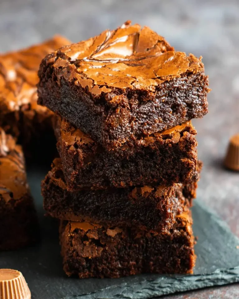 Stack of four rich, fudgy eggless nutella brownies with a glossy, crackly top on a dark slate surface.
