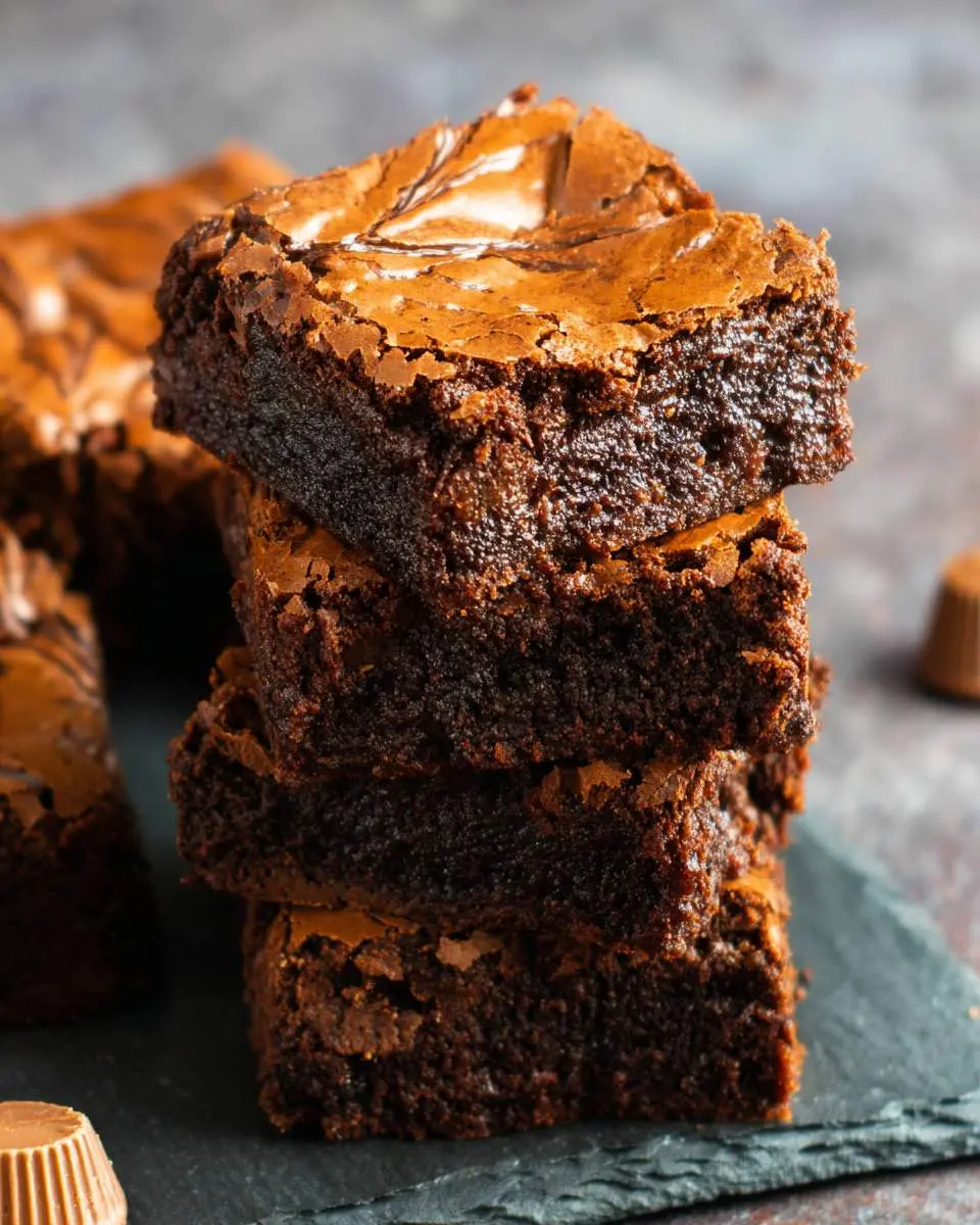 Stack of four rich, fudgy eggless nutella brownies with a glossy, crackly top on a dark slate surface.