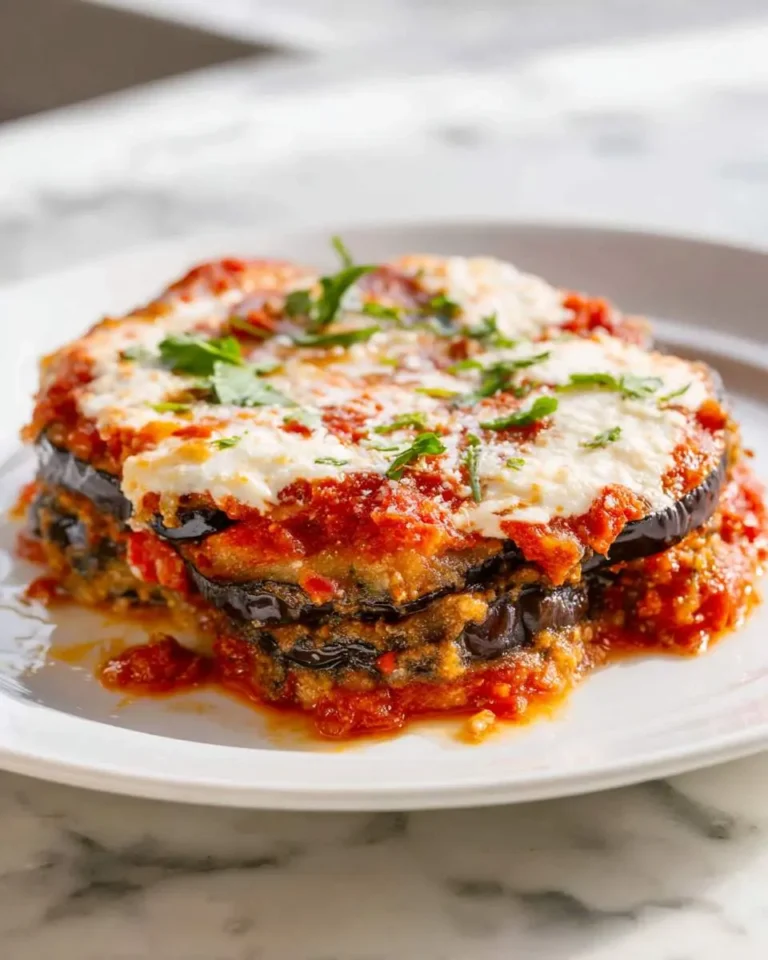 A stacked serving of Eggplant Parmesan on a white plate, topped with melted cheese, tomato sauce, and fresh herbs.