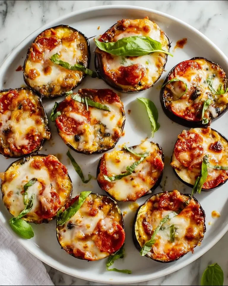 Baked eggplant pizza bites topped with melted cheese, tomato sauce, and fresh basil on a white plate.