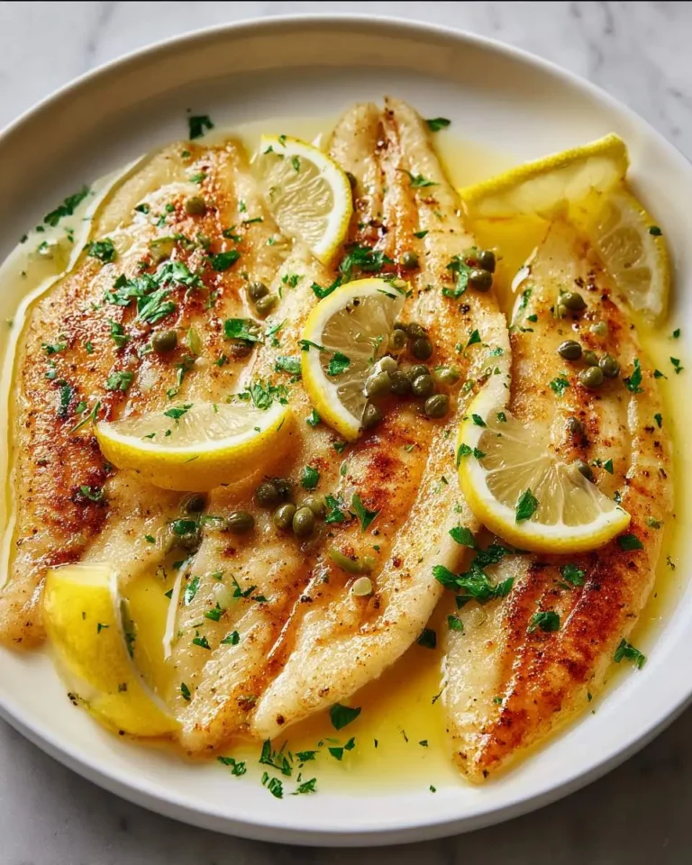 Pan-seared flounder with lemon-butter sauce, garnished with fresh lemon slices, capers, and chopped parsley on a white plate.