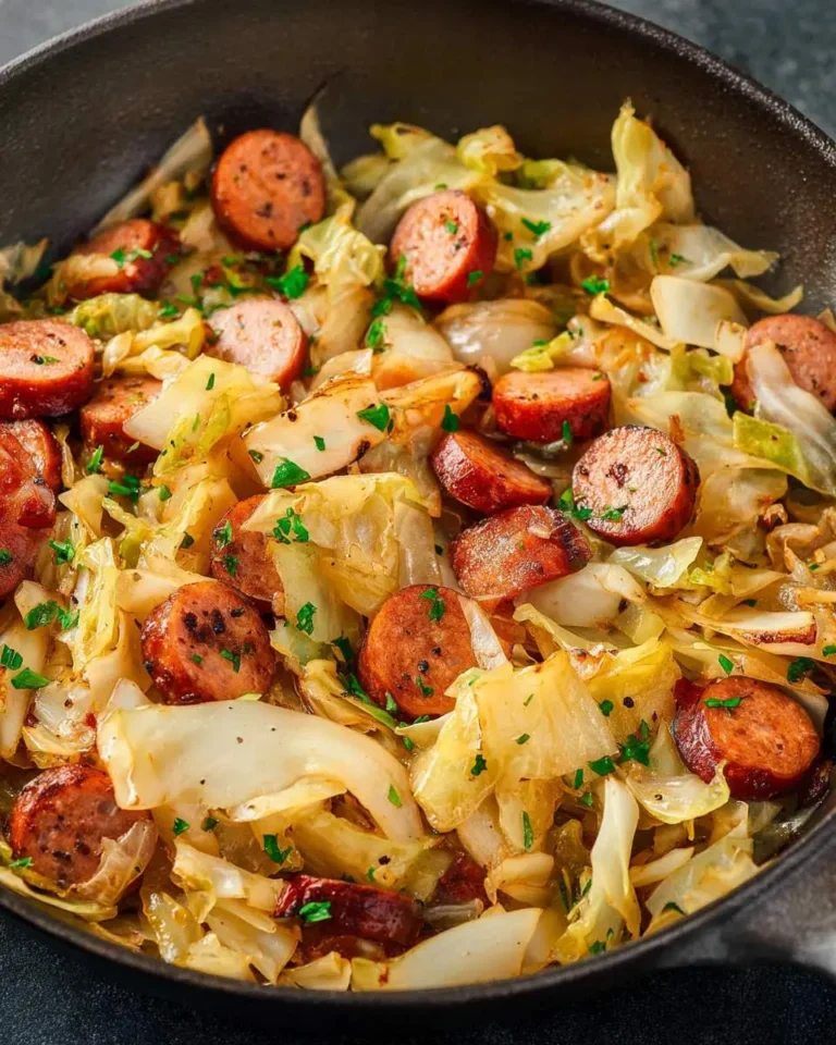 Fried Cabbage and Sausage in a cast iron skillet, topped with fresh herbs.