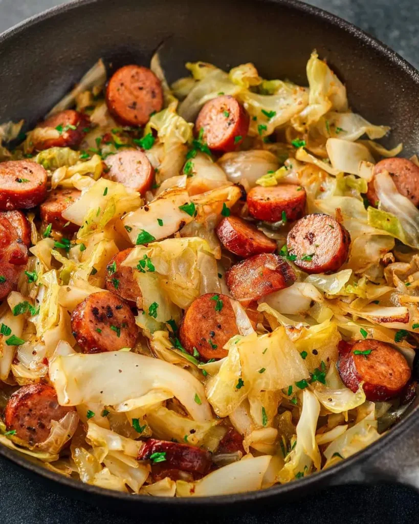 Fried Cabbage and Sausage in a cast iron skillet, topped with fresh herbs.