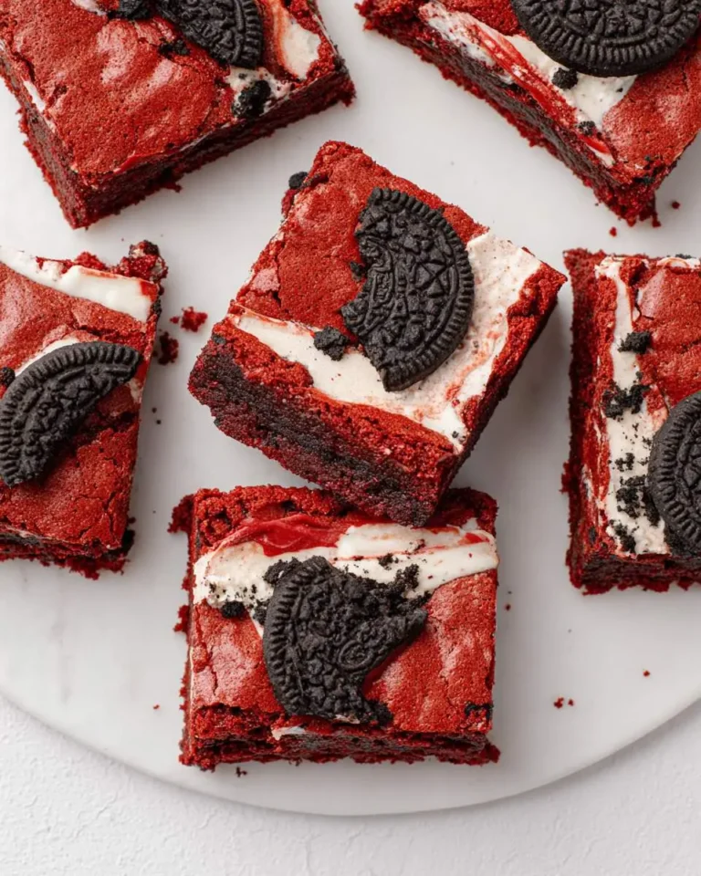 Fudgy Red Velvet Oreo Brownies cut into squares on a white plate, topped with cream cheese swirl and Oreo cookie pieces.