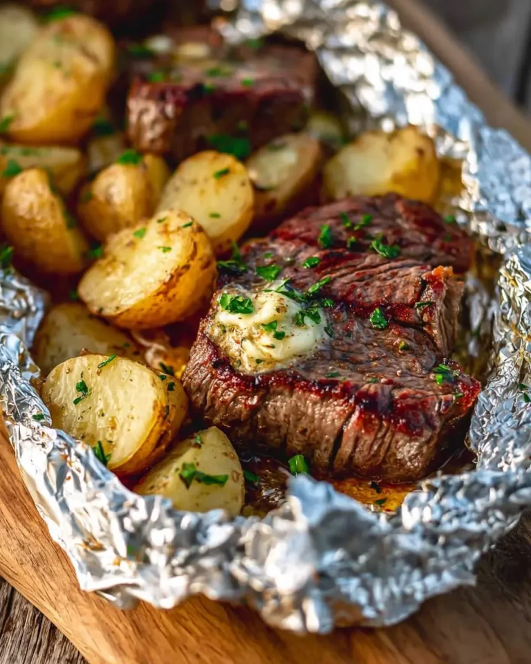 Juicy Garlic Butter Steak and Potato Foil Packets with herbed butter and roasted baby potatoes in foil.