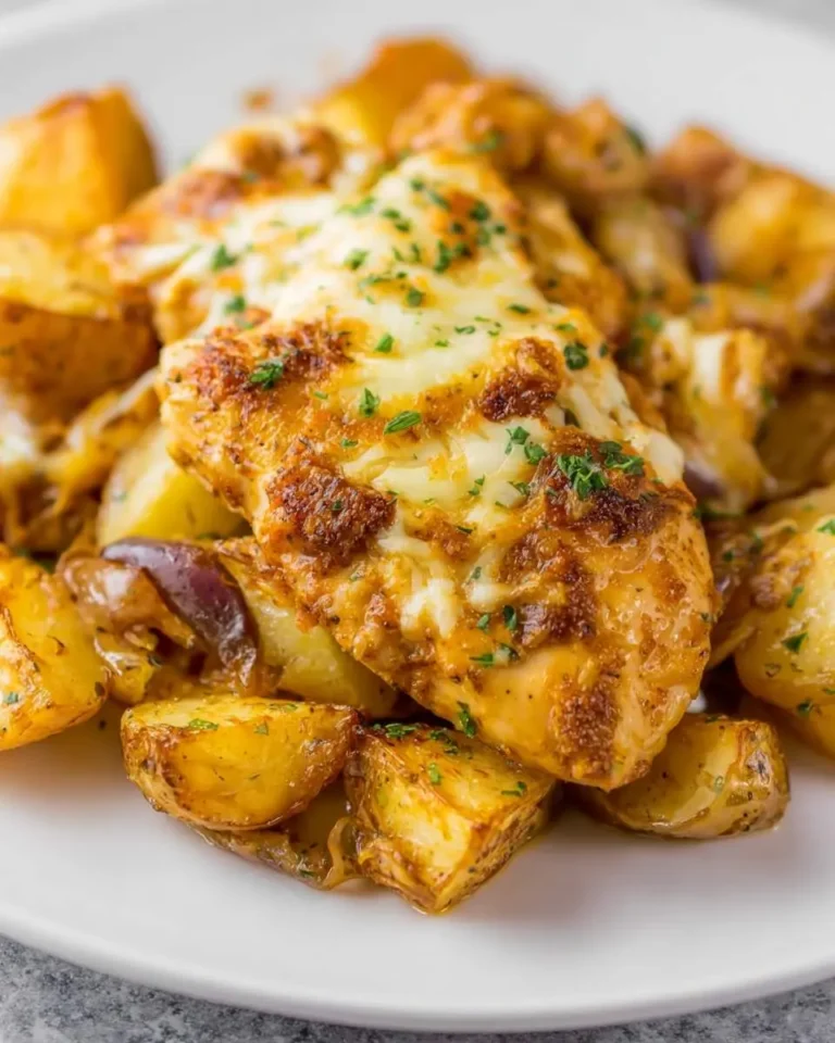 Golden baked Garlic Parmesan Chicken and Potatoes served on a white plate, topped with melted cheese and fresh herbs.