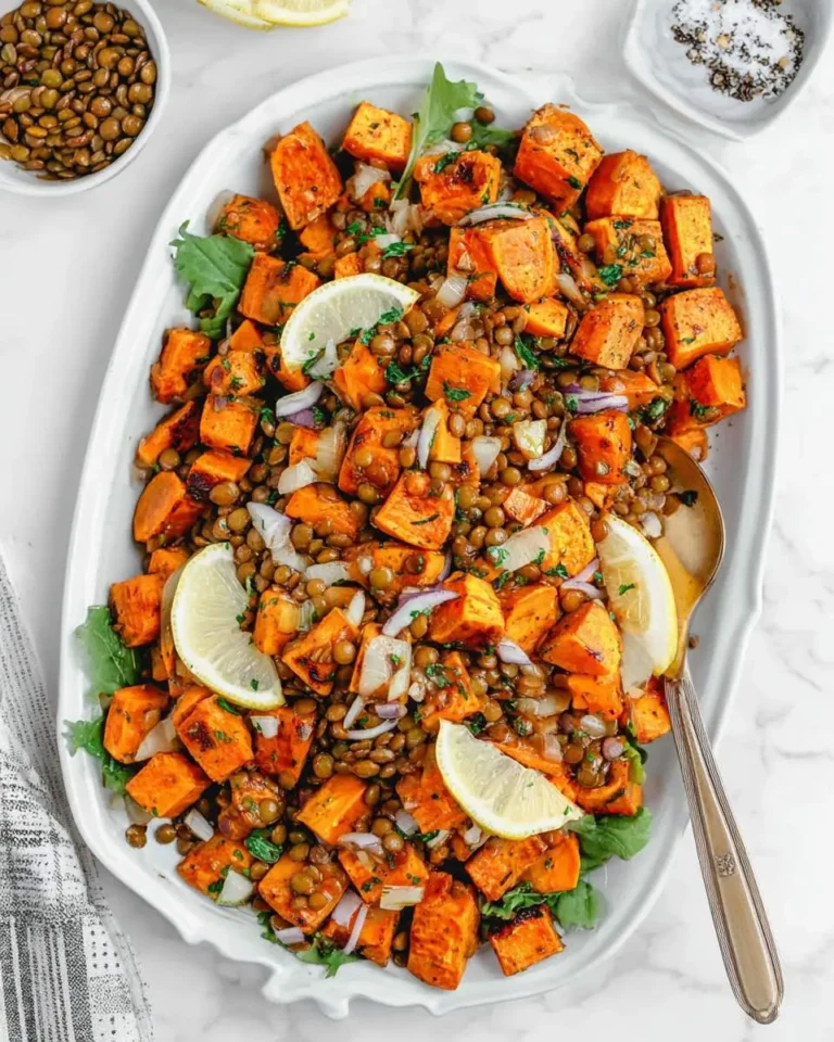 Garlic Sweet Potato Lentil Salad served on a white platter with lemon wedges, fresh herbs, and red onion.