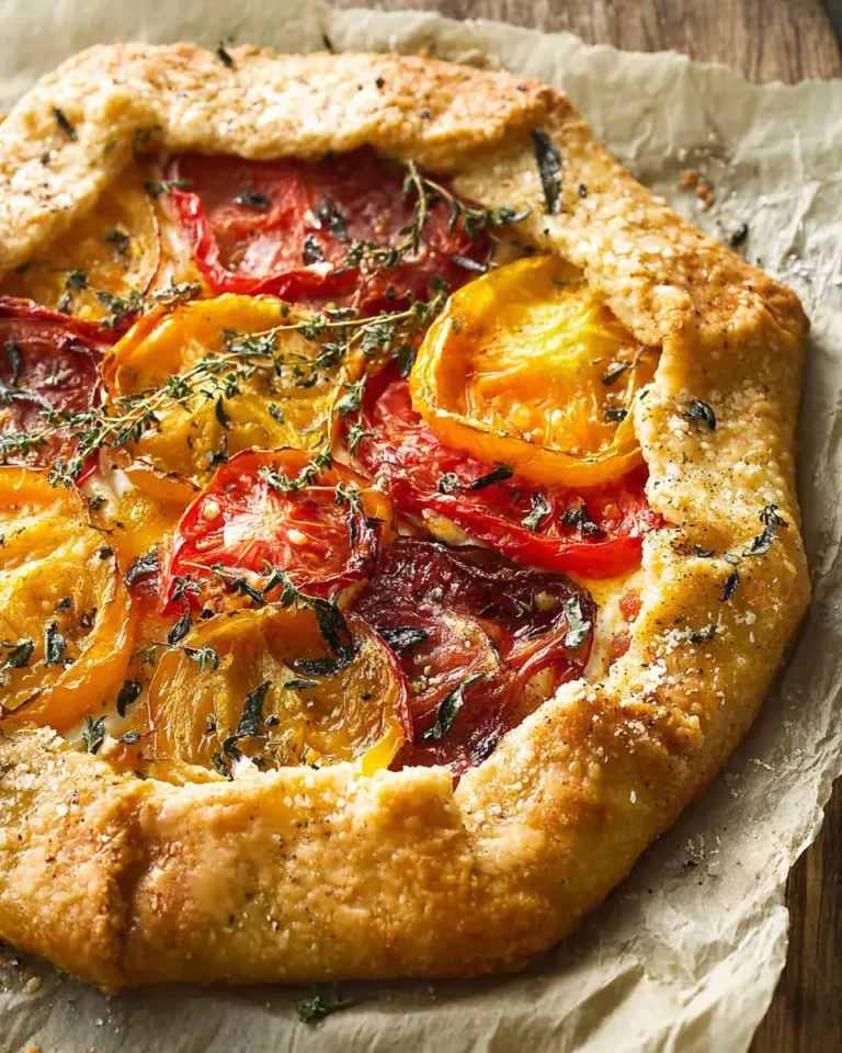 Golden-crusted Goat Cheese and Heirloom Tomato Galette topped with fresh thyme on parchment paper.