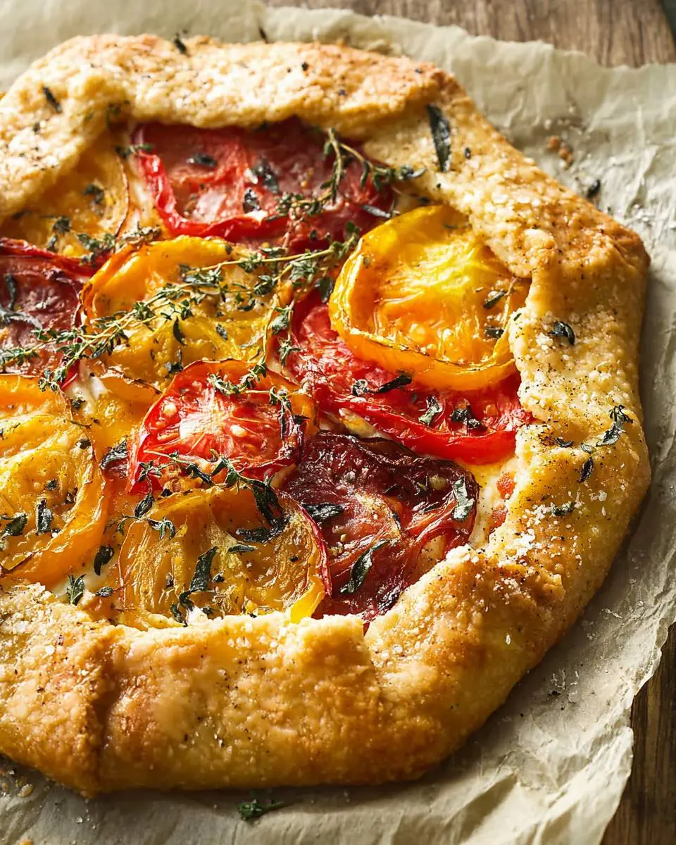 Golden-crusted Goat Cheese and Heirloom Tomato Galette topped with fresh thyme on parchment paper.